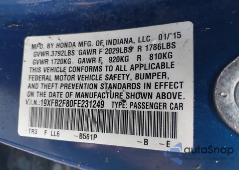 2015 Honda Civic Ex from USA, damaged, VIN 19XFB2F80FE231249